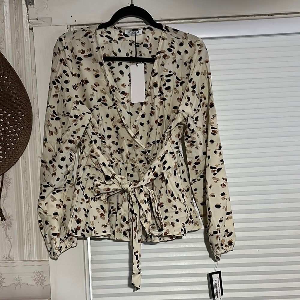 Cream Wrap Blouse with Tie Front and Notched Collar
